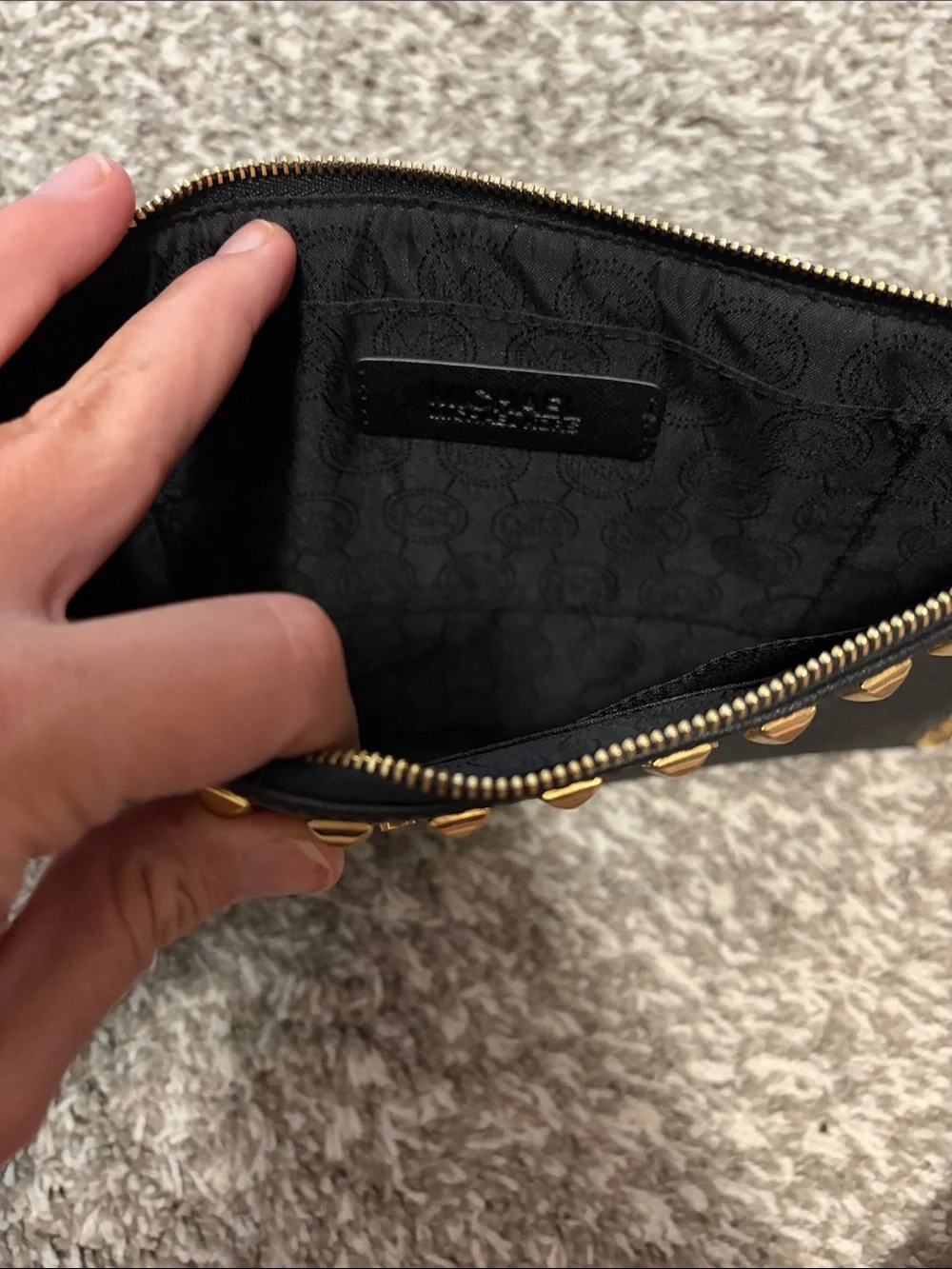 Michael Kors Black Leather Gold-Stud Wristlet Clutch
